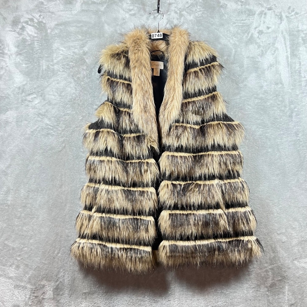 Chico's Vest Size 1 Faux Fur Tan/Black Holiday‎ Party Night Out Open Front